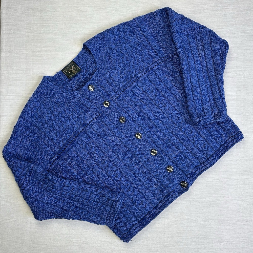 Carraig Donn Wool Cardigan Sweater Ireland Aran Knit Women Large Blue Classic